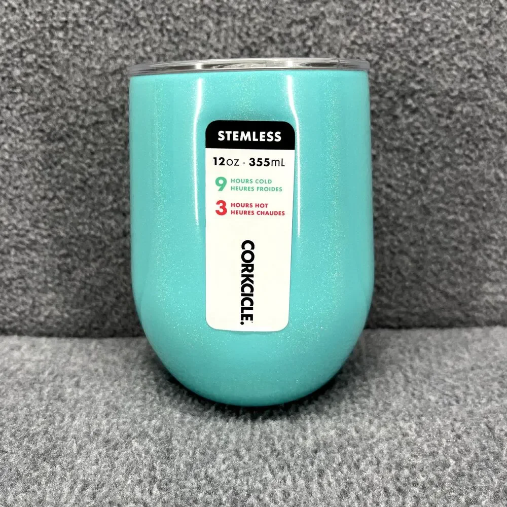Corkcicle Stemless Cup Tael Aqua Glitter Insulated Wine Glass cold hot 12 oz‎
